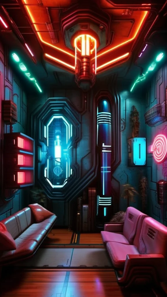 (Cyberpunk interior design ), Quantum Beacon, A lighthouse that guides travelers through a maze of other dimensions. , Cyberpunk atmosphere