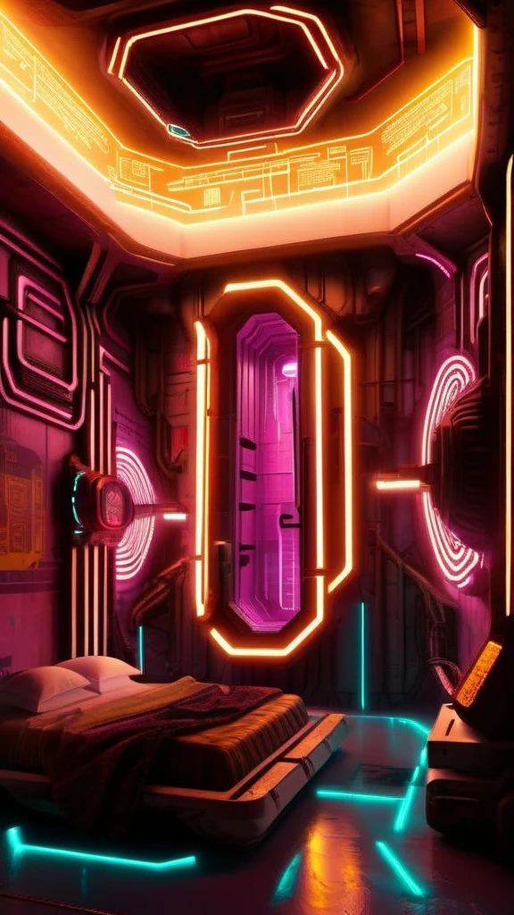 (Cyberpunk interior design ), Quantum Beacon, A lighthouse that guides travelers through a maze of other dimensions. , Cyberpunk atmosphere 