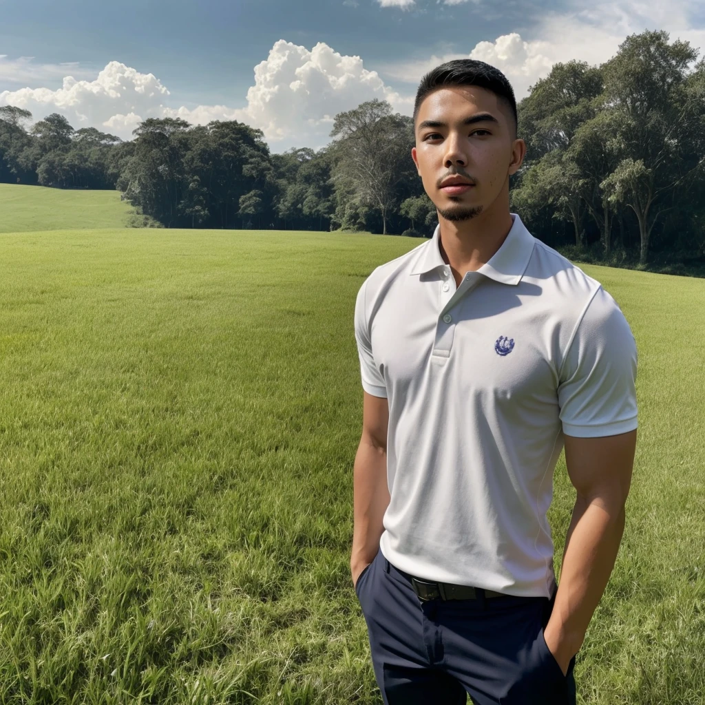 Tony Labrusca, Young man in a white polo shirt Standing on the edge of the meadow with an expression on his face, looking into the distance Turn your head slightly.,Cloudy day, coffee shop