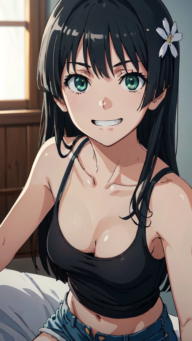 (High resolution:1.4), (masutepiece:1.2), (High quality:1.3) 1girl, saten ruiko, green eyes, long hair, black hair, small breast, tank top, hot pants, cinematic lighting, pov, grin, dynamic angle,