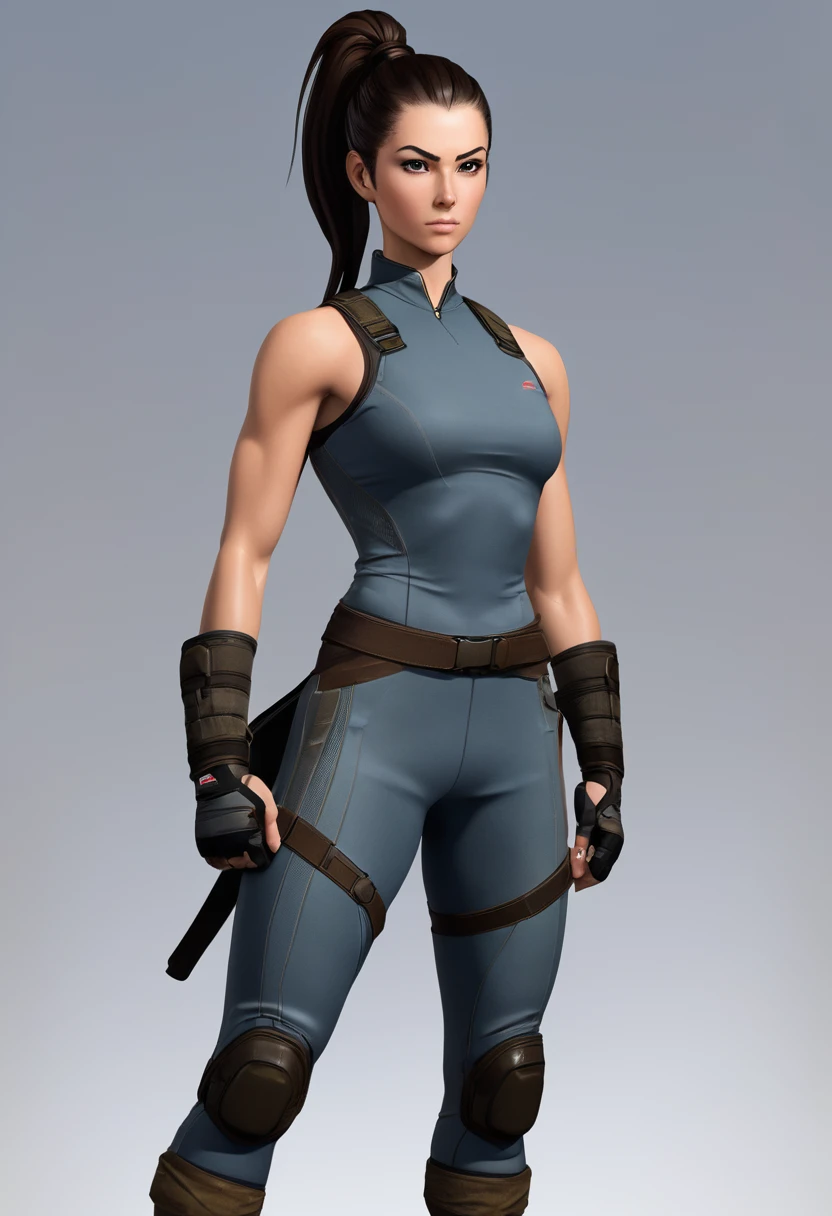 Physically, she is described as a woman of average height, avec une silhouette athlétique et musclée, result of his years of combat training. She has dark brown hair often tied in a ponytail., et des yeux bruns. His overall appearance is that of someone ready for action, avec une attitude déterminée et une posture confiante.