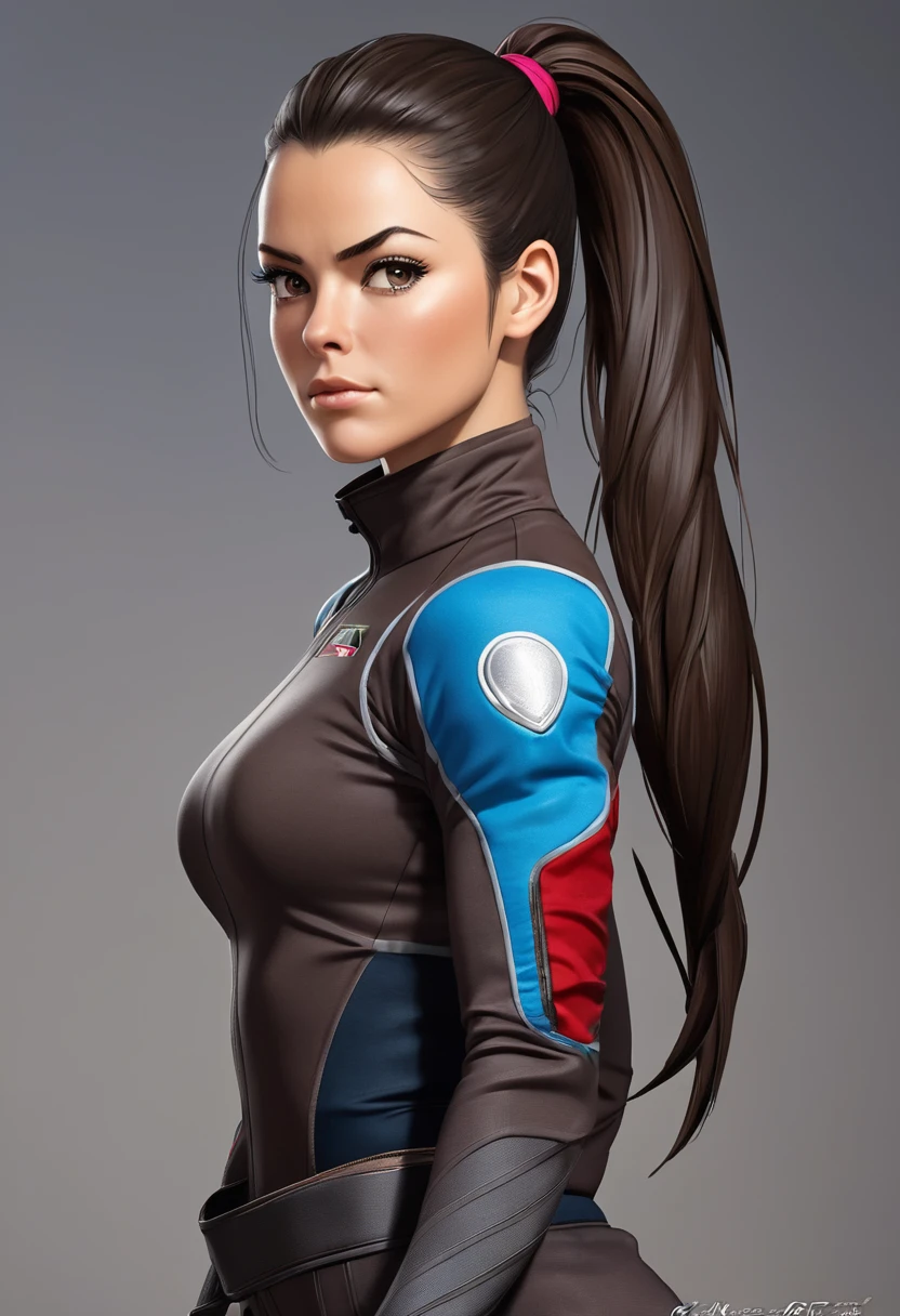 Physically, she is described as a woman of average height, avec une silhouette athlétique et musclée, result of his years of combat training. She has dark brown hair often tied in a ponytail., et des yeux bruns. His overall appearance is that of someone ready for action, avec une attitude déterminée et une posture confiante.