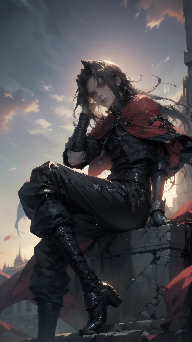 (pressurdos, High resolutions, ultra detailed, HDR), masterpiece, Best quality, last fantasy VII, Vincent Valentine, only 1 person, Beautiful, wide, black hair, Bright red eyes, Beautiful eyes and a detailed face, armor, ((Intricate weapons)), Sitting on the throne, legs open, fake smile, irritating. last fantasy, press, Cool pose, Anime boy on the bed, putting your hands on your head, beautiful anime pose, Anime hombre Beautiful, anime male character, Cool anime 8K, Detailed art of anime characters, HDR Anime McManus Anime Concept, Anime boy, Ikuto Yamashita, CG anime soft art, manga wallpaper 4k, inspired by Yamagata Hiro, Anime wallpaper