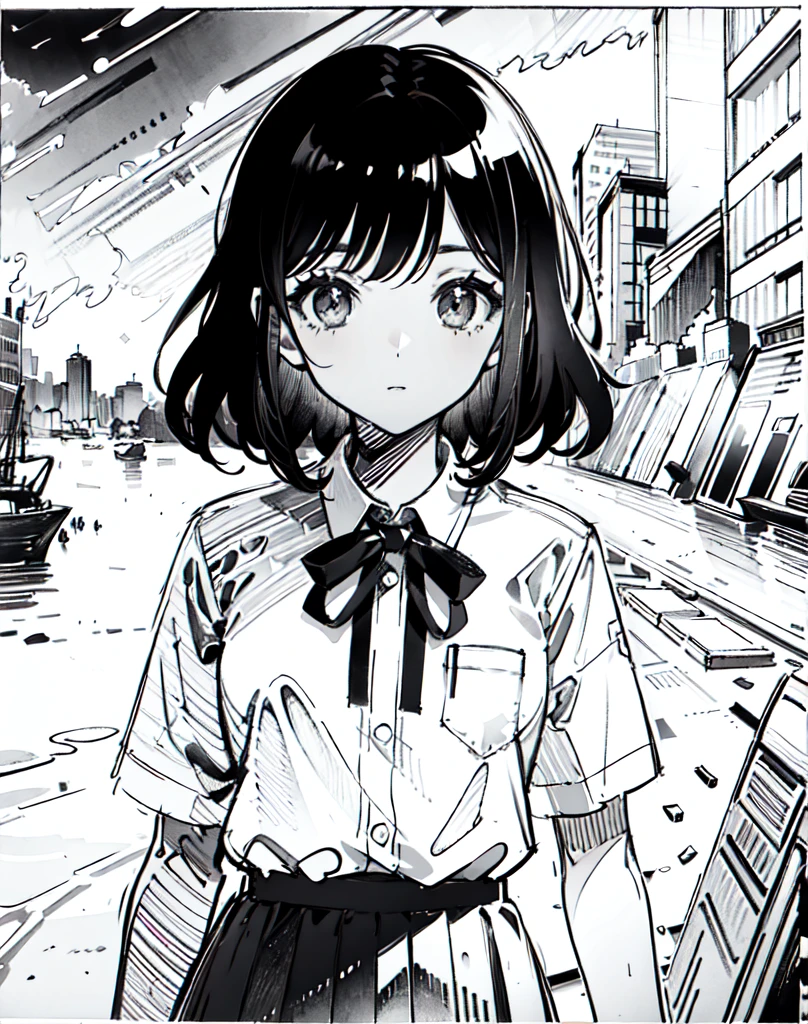 One Girl,Line art,Monochrome,sketch,Pencil drawing,Traditional Media,One Girl, skirt,Cute Teenage Girls, ,Beautiful portrait、Delicate body、Black Hair、Black Hair,landscape,Black and White