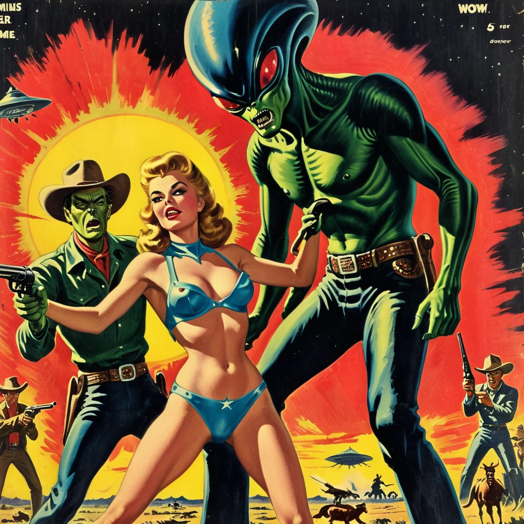 ((horny aliens abducting wildwest cowgirls, alien sex scenes, alien semen, cowgirls with pistols and hats, strange devices, claws)) Mort Kunstler, Norman Saunders, Basil Gorgos, Frank Frazetta, Wally Wood, Bernie Wrightson, Mexican Fumetti style, 50s 60s aesthetic, Men's action magazine aesthetic, very vintage retro, lurid and vivid colors, soft lighting, medium contrast, HD, 8x, intricately detailed, action magazine, vintage EC horror comics,, ((ADD BOOK TITLE, FONTS: ALIEN ADUBDUCTORS IN LOVE))