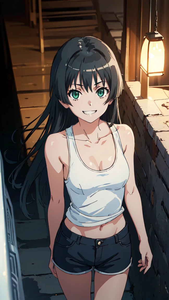 (High resolution:1.4), (masutepiece:1.2), (High quality:1.3) 1girl, saten ruiko, green eyes, long hair, black hair, small breast, tank top, hot pants, cinematic lighting,  pov, grin, dynamic angle, nsfw