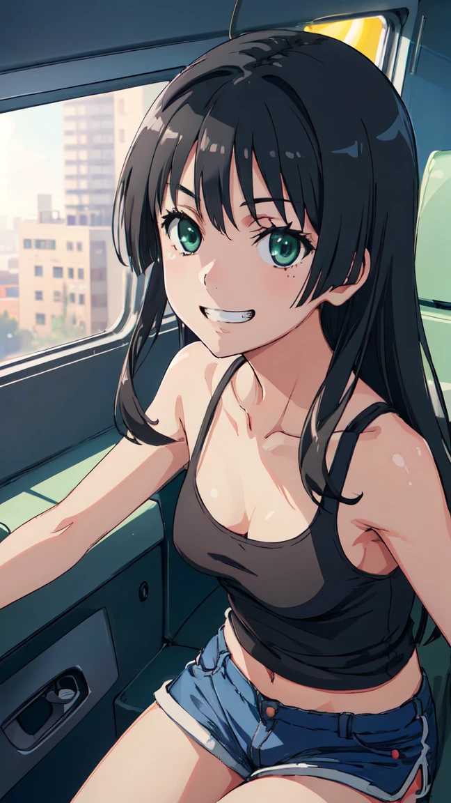 (High resolution:1.4), (masutepiece:1.2), (High quality:1.3) 1girl, saten ruiko, green eyes, long hair, black hair, small breast, tank top, hot pants, cinematic lighting, pov, grin, dynamic angle,