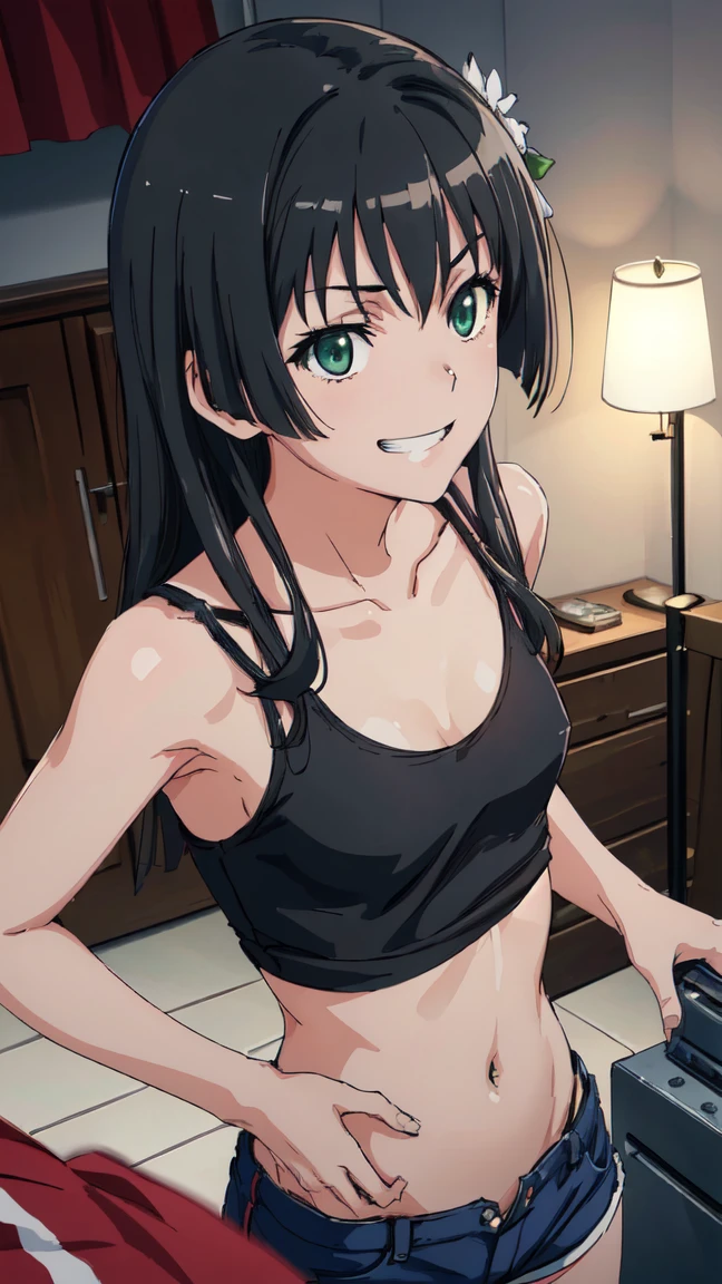 hug, (High resolution:1.4), (masutepiece:1.2), (High quality:1.3) 1girl, saten ruiko, green eyes, long hair, black hair, small breast, tank top, hot pants, cinematic lighting, pov, dynamic angle, nsfw, open mouth, smile