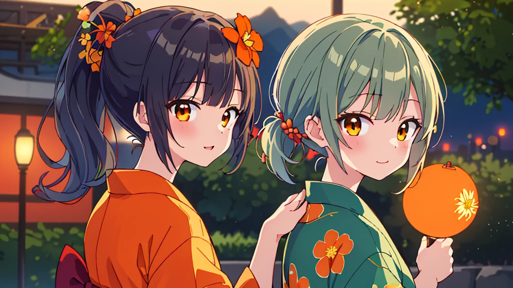 masterpiece、Detailed Background、night、firework、Beautiful light、Light and Dark、1girl, solo girl（Ash green hair、Medium length ponytail、Straight bangs、A little hair on the side、Brown eyes、hair ornaments：orange）、(green yukata, little orange flower), Look back and see this、Laugh gently、