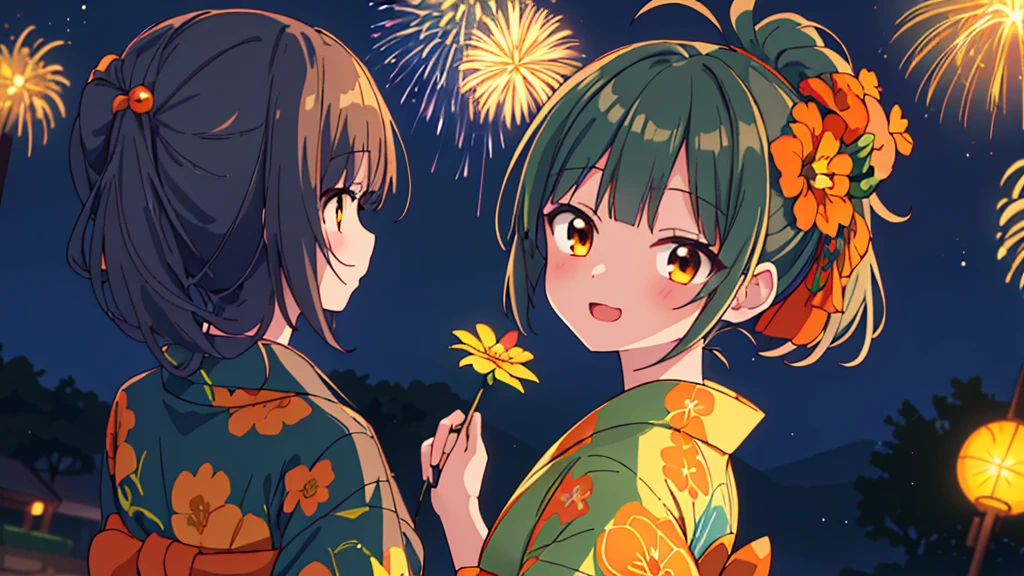 masterpiece、Detailed Background、night、firework、Beautiful light、Light and Dark、1girl, solo girl（Ash green hair、Medium length ponytail、Straight bangs、A little hair on the side、Brown eyes、hair ornaments：orange）、(green yukata, little orange flower), Look back and see this、Laugh gently、