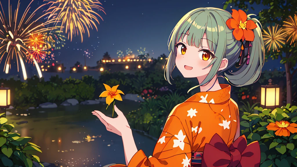 masterpiece、Detailed Background、night、firework、Beautiful light、Light and Dark、1girl, solo girl（Ash green hair、Medium length ponytail、Straight bangs、A little hair on the side、Brown eyes、hair ornaments：orange）、(green yukata, little orange flower), Look back and see this、Laugh gently、