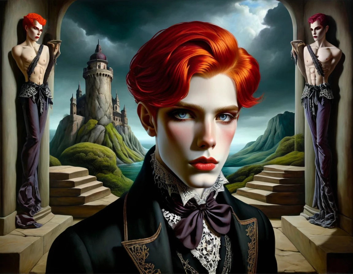 A gothic victorian red-haired prince androgynous boy man ,beautiful detailed eyes,beautiful detailed lips,extremely detailed face and eyes,long eyelashes,dramatic makeup,ornate victorian attire,lace and ribbons,porcelain skin,dramatic lighting,moody colors,haunting atmosphere,(best quality,4k,8k,highres,masterpiece:1.2),ultra-detailed,(realistic,photorealistic,photo-realistic:1.37),lowbrow-xl,surrealistic,absurd,bizarre,eerie,fanciful,fantastic,ludicrous,stone steps in a fantasy landscape,moody lighting,dramatic shadows,vibrant colors