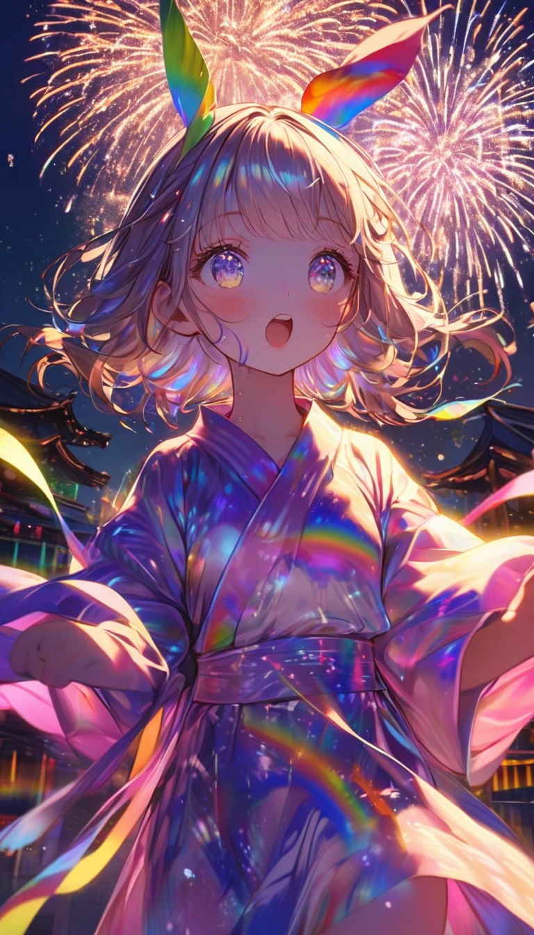 Tanabata、Strip、Bamboo leaf、Stripに願いをこめて、Grilling in a yukata,fluid,Particles of light, dream-like,Sparkling,dream-like glow,Paint drips,oil,strong stroke,Paint drips,Splash Paint Drop,firework oil,(Abstract:1.2)A girl made up of(Fireworks Light Trace:1.25),Change to (Radioluminescence light tracking) Style Fireworks,(Cowboy Shot,Above Knee Portrait:1.25), ,,Glowing neon,Temple Fair,Summer festival,Shining in rainbow colors、16K, Ultra-high resolution, to be born,wonderful ,future、Iridescent、The world 30 years from now。
