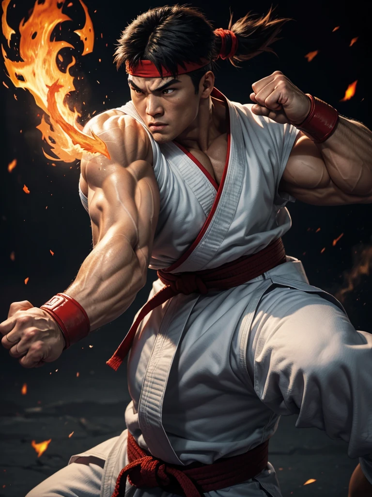 Ryu, STREET FIGHTER, whole body, with WHITE kimono, black belt at the waist, muscled body, Street Fighter, intense look, strong fists, powerful legs, Martial arts master, focused posture, dynamic action, Japan inspired background, dramatic lighting, vibrant colors, detailed facial features, spiky hair, determined expression, energy movement, fighting stance, fierce competitor, iconic fireball attack, safe posture, determined eyes, muscular physique, iconic fighting game character, dynamic composition, iconic red headband, intenses combates de artes marciales, experienced fighter, training, challenging stance, intense, iconic white gi, fire aura, skilled martial artist.