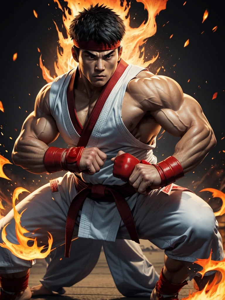 Ryu, STREET FIGHTER, whole body, with WHITE kimono, black belt at the waist, muscled body, Street Fighter, intense look, strong fists, powerful legs, Martial arts master, focused posture, dynamic action, Japan inspired background, dramatic lighting, vibrant colors, detailed facial features, spiky hair, determined expression, energy movement, fighting stance, fierce competitor, iconic fireball attack, safe posture, determined eyes, muscular physique, iconic fighting game character, dynamic composition, iconic red headband, intenses combates de artes marciales, experienced fighter, training, challenging stance, intense, iconic white gi, fire aura, skilled martial artist.