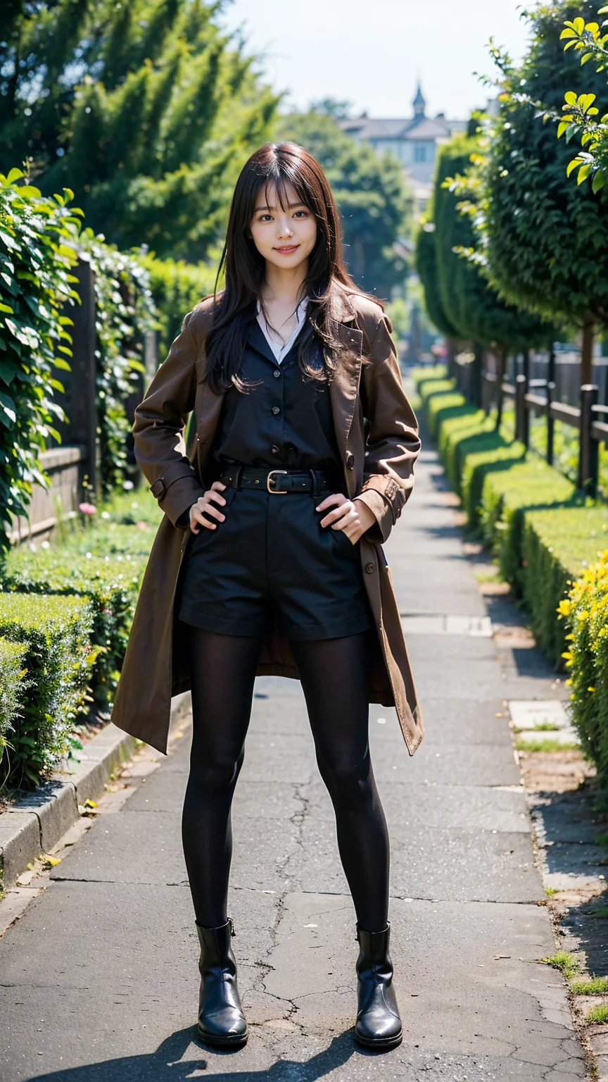 (8K、RAW Photos、Highest quality、masterpiece:1.2)、(Realistic、Realistic)、1 Girl、((Shorts、shirt、Long coat、black、Thin legs、whole body、boots、one piece、tights、garden、View from the front、smile、Looking into the camera、belt、Stand with hands on hips))、cute