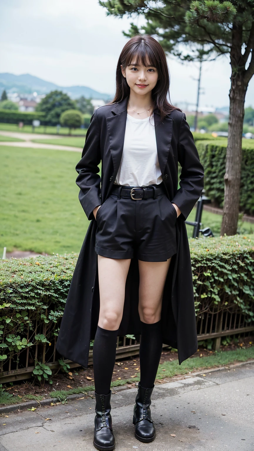 (8K、RAW Photos、Highest quality、masterpiece:1.2)、(Realistic、Realistic)、1 Girl、((Shorts、shirt、Long coat、black、Thin legs、whole body、boots、one piece、tights、garden、View from the front、smile、Looking into the camera、belt、Stand with hands on hips))、cute