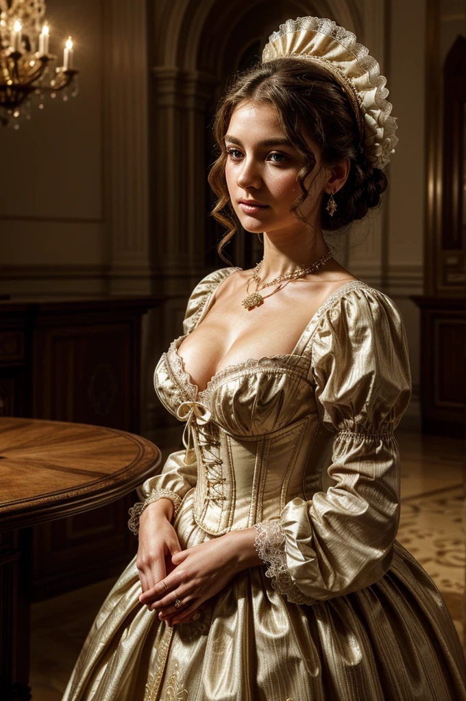 middle-aged lady with golden hair, dressed in a traditional late 18th-century full-sleeved corset dress:

Appearance: The lady has an elegant and dignified presence, with golden hair styled in soft curls that cascade over her shoulders. Her complexion is fair, with a gentle blush on her cheeks. Her eyes, a striking shade of hazel, are framed by arched eyebrows that convey both warmth and intelligence.

Attire: She wears a lavish corset dress in rich fabrics, featuring full sleeves that taper at the wrists and are adorned with intricate lace or embroidery. The bodice of her dress is structured to accentuate her figure, with delicate floral patterns or ornate designs embellishing the fabric. A lace collar or ruffled neckline adds a touch of refinement.

Accessories: Her hair is adorned with a small, elegant hairpiece or a feathered hat that complements the style of her dress. She wears pearl earrings and a delicate necklace, adding to her regal appearance. In one hand, she carries a fan intricately decorated to match the colors and patterns of her attire.

Expression: Her face is serene and composed, with a faint smile that hints at inner warmth and kindness. Her eyes hold a depth of wisdom and experience, reflecting a life well-lived in the refined circles of late 18th-century society.

Background: Place her in a setting that evokes the elegance of late 18th-century Europe, perhaps a grand ballroom or a lush garden adorned with classical architecture. Soft candlelight or natural sunlight enhances the richness of her attire and the sophistication of her surroundings.
