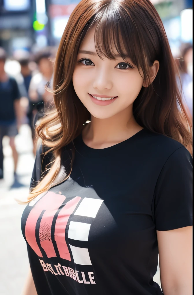 (masterpiece:1.2,Highest quality),Blur the background,One College Girl,((Ｔshirt)),(Big Breasts),((Gravure pose)),Wavy Hair,((Beautiful Eyes)),Blushed Cheeks,Healthy Skin,Observe the audience,(smile),(Shinjuku Date),8K resolution