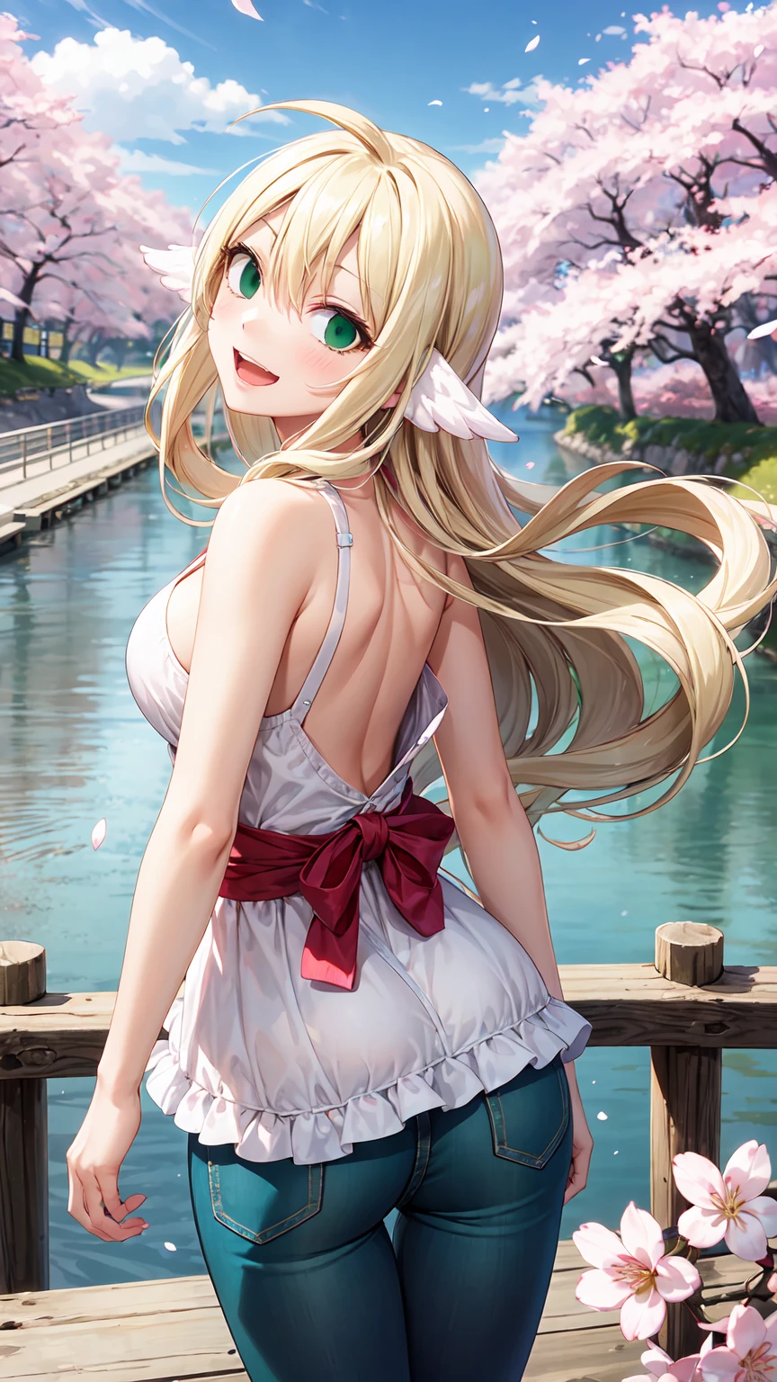 Masterpiece ,best quality , high resolution , (1 girl solo:1.38) , (mavis , long hair, blonde hair, (green eyes:1.5), ahoge, wavy hair) , (cleavage:1.2) , (medium breast:1.28) , (wear top tank , denim_micro short , strong wind , big wing , head tilt ) , (cleavage:1.15) , (big breast:1.1) , (face view , back view , looking back , from behind , look at view , smile , open mouth) , (standing) , (outdoor, river beside , on bridge , japaness bridge , street , cherry blossoms , cherry tree)
