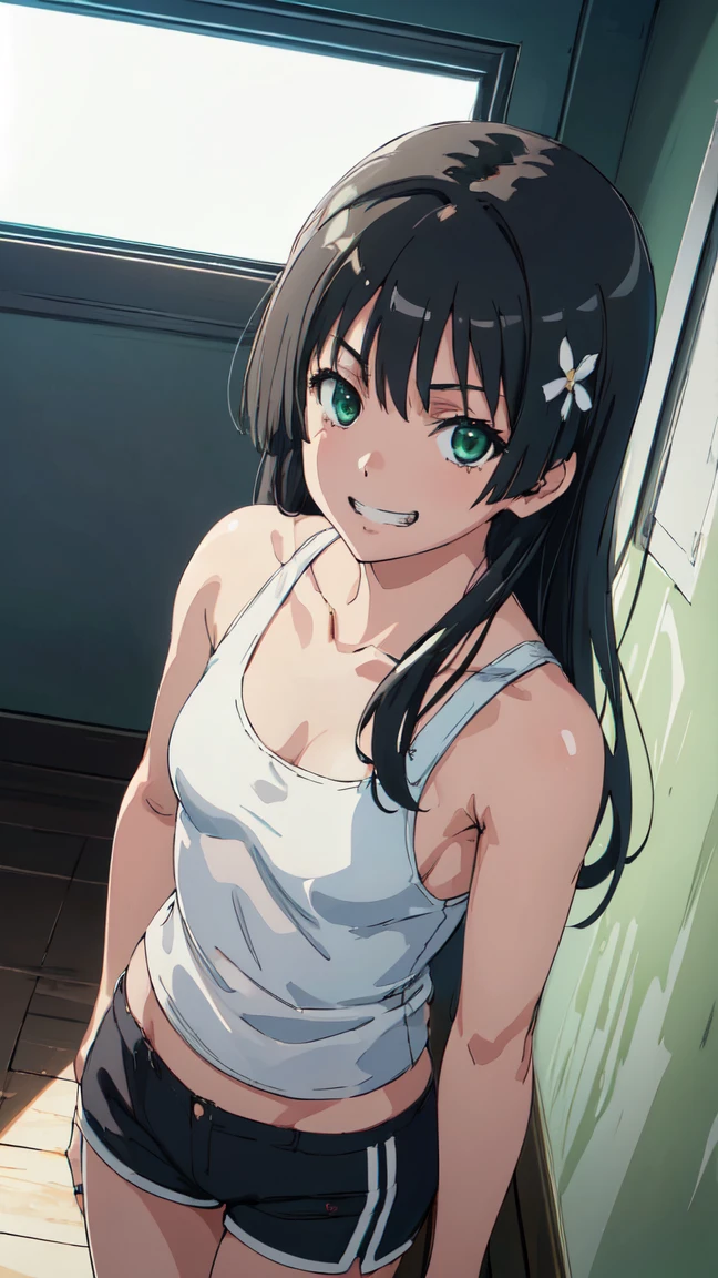 (High resolution:1.4), (masutepiece:1.2), (High quality:1.3) 1girl, saten ruiko, green eyes, long hair, black hair, small breast, tank top, hot pants, cinematic lighting, pov, grin, dynamic angle,