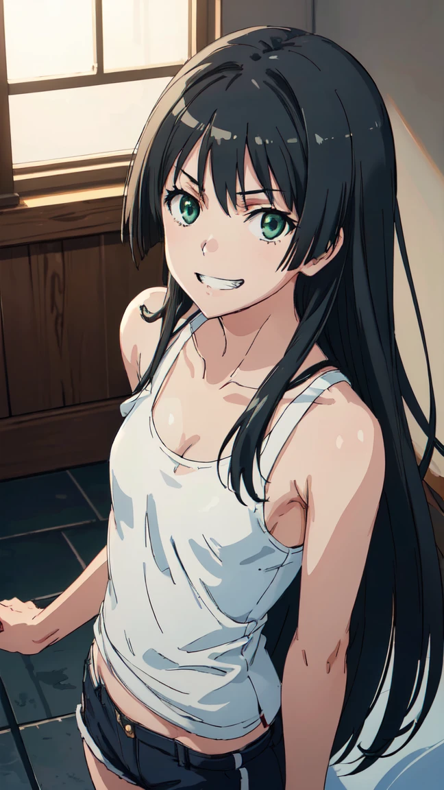 (High resolution:1.4), (masutepiece:1.2), (High quality:1.3) 1girl, saten ruiko, green eyes, long hair, black hair, small breast, tank top, hot pants, cinematic lighting, pov, grin, dynamic angle,