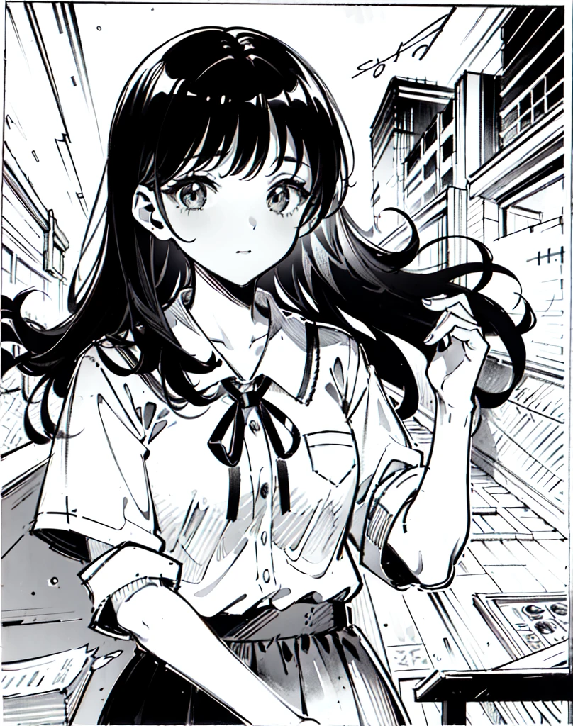 One Girl,Line art,Monochrome,sketch,Pencil drawing,Traditional Media,One Girl, skirt,Cute Teenage Girls, ,Beautiful portrait、Delicate body、Black Hair、Black Hair,landscape,Black and White