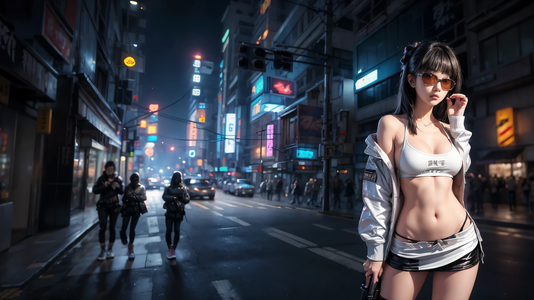 8k, Realistic Skin Texture, Realistic Photo, Neo Tokyo, slim Japanese women, large-breast:1.3 cleavage:1.2, AD2050 at night, Dirty hunting jacket, Wearing tube top, miniskirt, (((black sunglasses, automatic rifle, sneakers, cold, shooting pose, low angle view))), Innovative composition, revenge, cyberpunk, blade runner worldview, Large neon sign, Geisha hologram sign, Strong Wakamoto Sign.