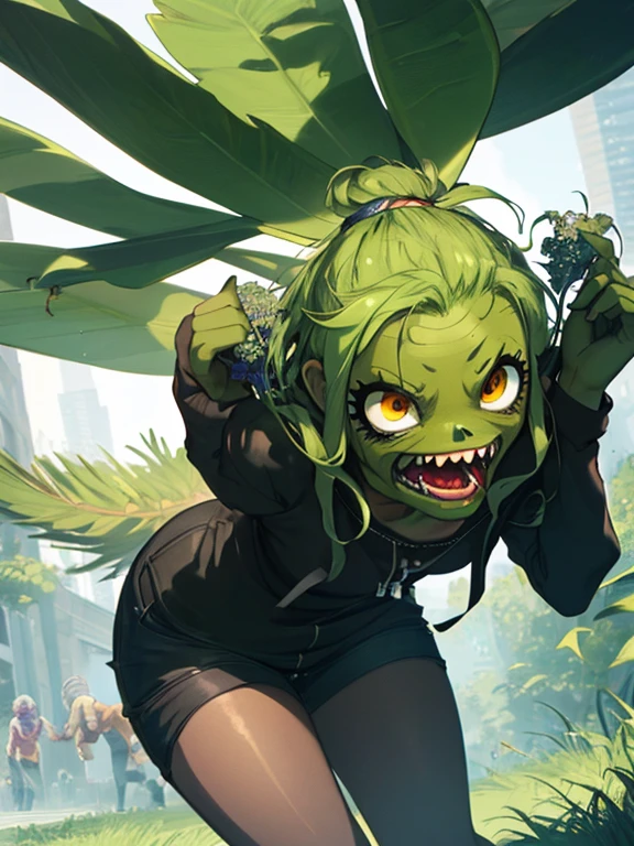 (Plants vs. Zombies), ゾンビ化, (プラント vs. ゾンビ), (masterpiece), highest quality, 1girl, uhd, retina, masterpiece, ccurate, anatomically correct, textured skin, super detail, high details, high quality, best quality, highres, 4K