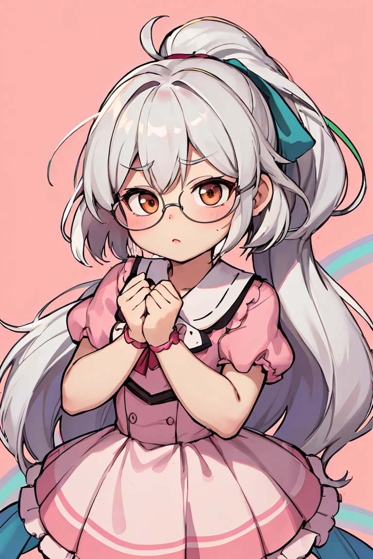 solution (chibi) princess with , white hair with bangs, your hair must be tied in a ponytail, she should wear green heart glasses , and she must be in a rainbow candy store, Obra-prima HD de alto contraste altamente detalhada da melhor qualidade em alta resolution