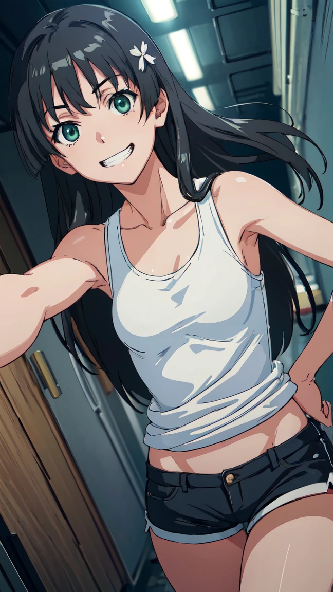  (High resolution:1.4), (masutepiece:1.2), (High quality:1.3) 1girl, saten ruiko, green eyes, long hair, black hair, small breast, tank top, hot pants, cinematic lighting,  pov, grin, dynamic angle, 