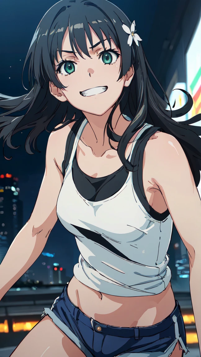  (High resolution:1.4), (masutepiece:1.2), (High quality:1.3) 1girl, saten ruiko, green eyes, long hair, black hair, small breast, tank top, hot pants, cinematic lighting,  pov, grin, dynamic angle, 
