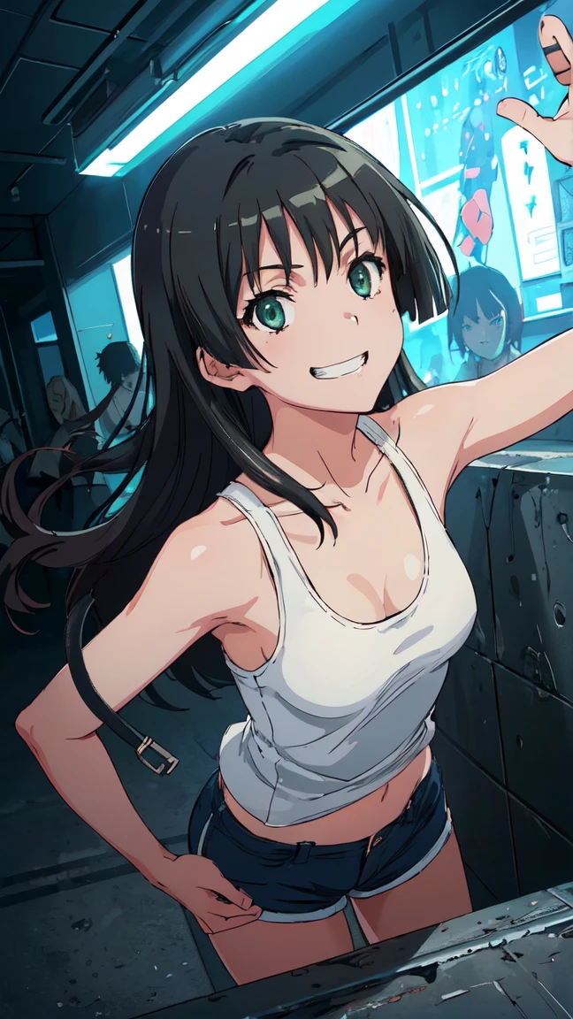 (High resolution:1.4), (masutepiece:1.2), (High quality:1.3) 1girl, saten ruiko, green eyes, long hair, black hair, small breast, tank top, hot pants, cinematic lighting, pov, grin, dynamic angle, nsfw