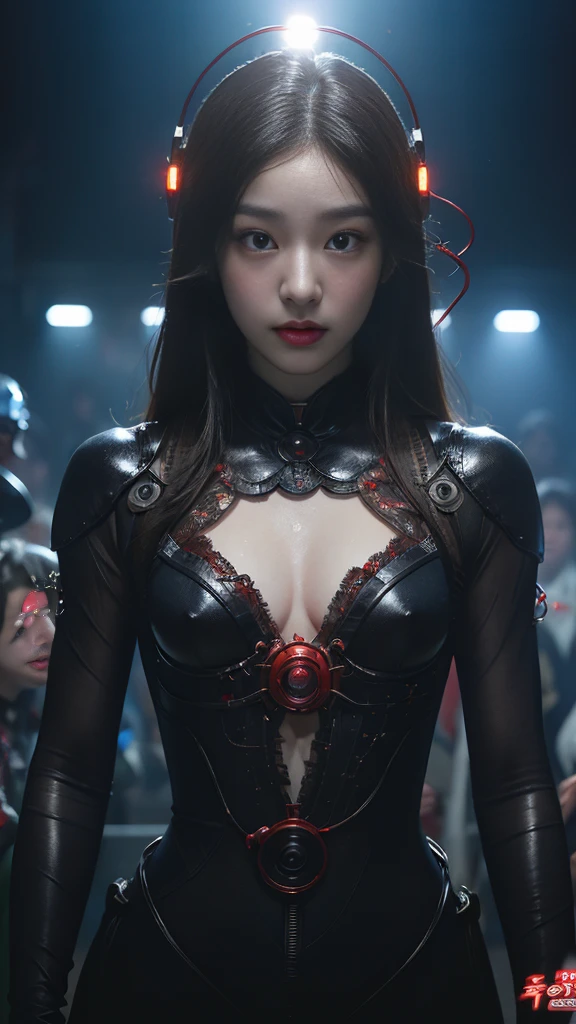 (기계1 girl과 외계인 1명)、(mystical expression)、top quality、masterpiece、Super high resolution、(realistic:1.4)、((heavy chest)),raw photo、1 girl、shiny skin、(((1 Mechanical Girl)))、((transparent crystal suit bodysuit、the body can see through)).(natural alien background to fight aliens)、(Compact LEDs)、((매우 realistic 디테일))),world lights、shadow、octane render、8K、very sharp、desk person background、giant 、Raw skin exposed in cleavage、red metal、Details of intricate ornaments、Japan Details、very intricate details、realistic light、(mystical expression),CG Society Trenlow Eyes、Shining eyes towards the camera、Mechanical peripheral blood vessels connected to tubes with neon details)、(Wires and cables connected to the head)、Compact L,mechanical thighs、Two-Stock、(Hands were also made by machines)、、alien from the future、Please wear a mechanical helmet.、