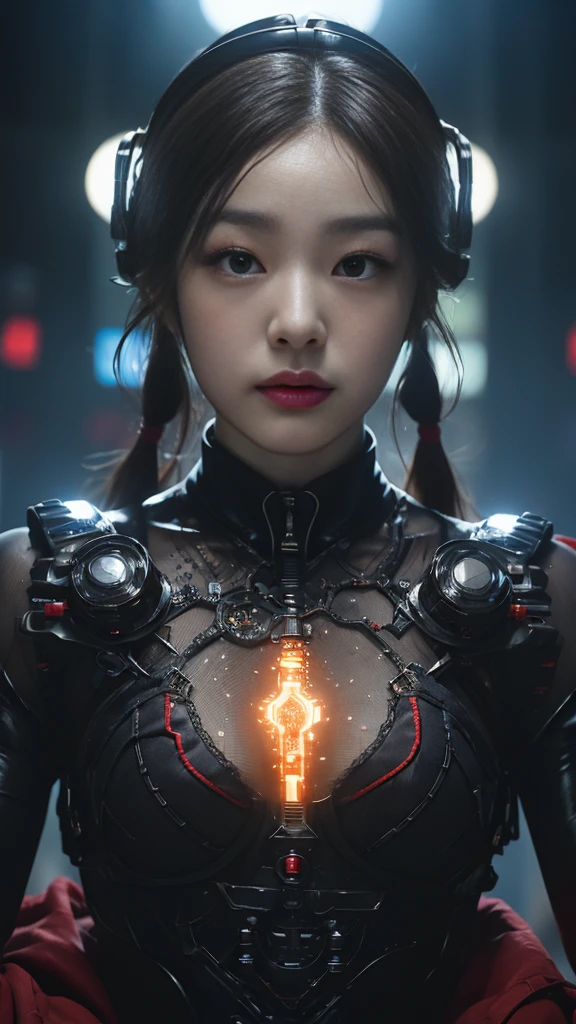 (기계1 girl과 외계인 1명)、(mystical expression)、top quality、masterpiece、Super high resolution、(realistic:1.4)、((heavy chest)),raw photo、1 girl、shiny skin、(((1 Mechanical Girl)))、((transparent crystal suit bodysuit、the body can see through)).(natural alien background to fight aliens)、(Compact LEDs)、((매우 realistic 디테일))),world lights、shadow、octane render、8K、very sharp、desk person background、giant 、Raw skin exposed in cleavage、red metal、Details of intricate ornaments、Japan Details、very intricate details、realistic light、(mystical expression),CG Society Trenlow Eyes、Shining eyes towards the camera、Mechanical peripheral blood vessels connected to tubes with neon details)、(Wires and cables connected to the head)、Compact L,mechanical thighs、Two-Stock、(Hands were also made by machines)、、alien from the future、Please wear a mechanical helmet.、