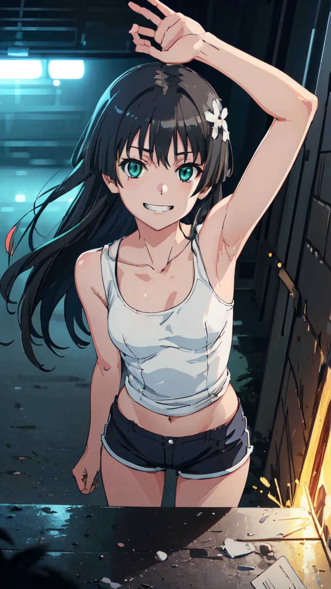  (High resolution:1.4), (masutepiece:1.2), (High quality:1.3) 1girl, saten ruiko, green eyes, long hair, black hair, small breast, tank top, hot pants, cinematic lighting,  pov, grin, dynamic angle, nsfw