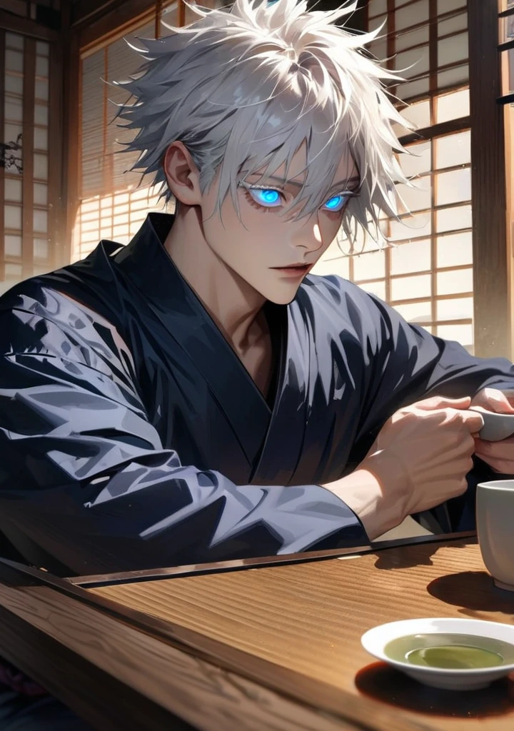 ultra detailed, HDR, master piece, best quality, extremely detailed face and eyes, perfect face, realistic face, beautiful eyes, Gojo Satoru, white hair with bangs, hair between the eyes, expressive blue eyes, white eyelashes, Jujutsu Kaisen, solo, man, handsome, Gojo Satoru, solo, sitting in a traditional Japanese tea room, minimalist style, looking at a cup of tea, natural light, white hair, glowing eyes, highest detail, best quality