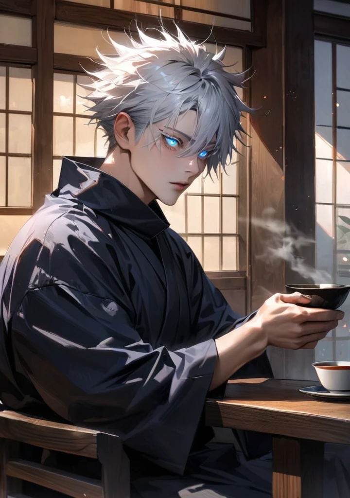 ultra detailed, HDR, master piece, best quality, extremely detailed face and eyes, perfect face, realistic face, beautiful eyes, Gojo Satoru, white hair with bangs, hair between the eyes, expressive blue eyes, white eyelashes, Jujutsu Kaisen, solo, man, handsome, Gojo Satoru, solo, sitting in a traditional Japanese tea room, minimalist style, looking at a cup of tea, natural light, white hair, glowing eyes, highest detail, best quality