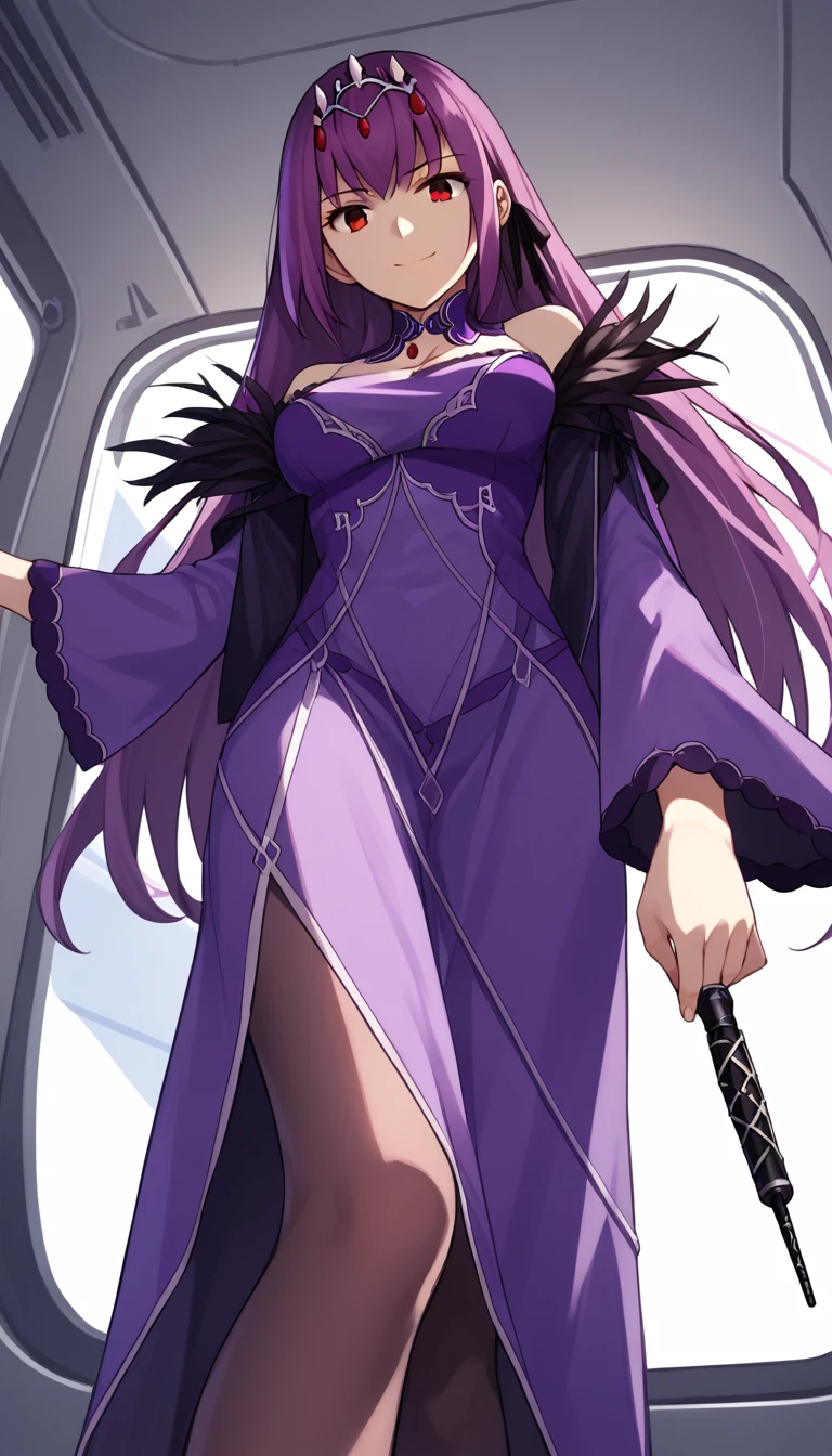 1girl, long hair, purple hair, red eyes, purple dress, silver tiara, detached collar, bare shoulders, long sleeves, wide sleeves, cleavage, feather trim, pantyhose, holding wand, stepped on, from below, pov, evil smile, spacecraft interior, white walls, plant, score_9, score_8_up, score_7_up, score_6_up, score_5_up, score_4_up, BREAK source_anime, masterpiece