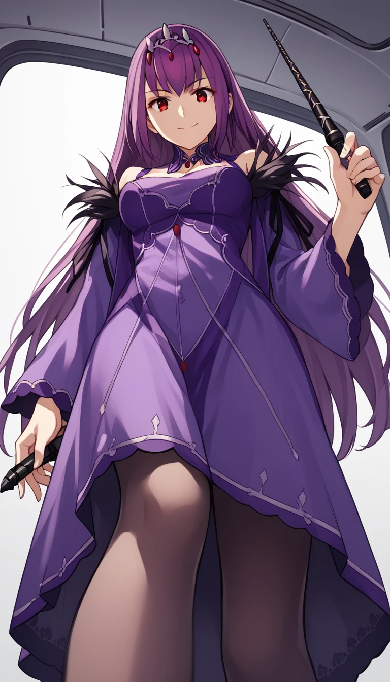 1girl, long hair, purple hair, red eyes, purple dress, silver tiara, detached collar, bare shoulders, long sleeves, wide sleeves, cleavage, feather trim, pantyhose, holding wand, stepped on, from below, pov, evil smile, spacecraft interior, white walls, plant, score_9, score_8_up, score_7_up, score_6_up, score_5_up, score_4_up, BREAK source_anime, masterpiece