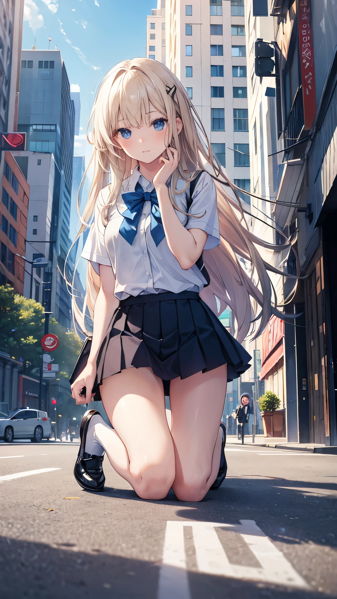 (masterpiece、highest quality、High resolution、realistic pictures、real looking skin、beautiful eyes、shining eyes:1.1)、
1 Japanese girl、alone、Full body Esbian、blonde、long hair、flowing hair、high school girl、bad、black loafers、
(Long collar shirt、Uniform Pleated Mini Skirt、red tie、The location is the high school ground.:1.1)、
(A skirt that flips up in the wind:1.5)、
(fully exposed panties:1.5)、
(loose socks:1.5)、
(Are standing:1.5)、
(Fancy black panties:1.5)、
(The first button of the shirt is open.:1.5)、
(his tie is tied loosely.:1.5)、
(his expression is embarrassing, but he's staring at me.:1.5)、
NSFW