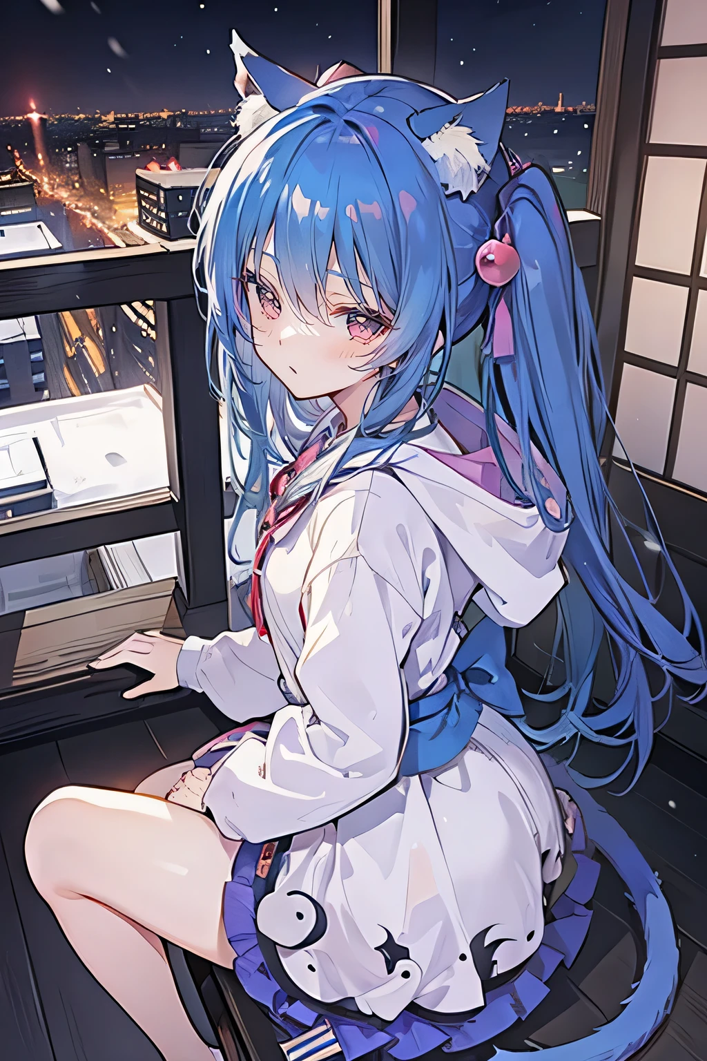（masterpiece：1.2），Super detailed，lifelike，Expressive eyes，fair skin，perfect face shape，1 girl，
Japanese comics,Gorgeous blue hair,flowing blue hair,flowing clothes,Cat ears,Petals fall,beautiful lola,Baby Angel,
Cross your legs，Gentle and peaceful background，The pavilion is cool and comfortable,smile, wearing hoodie, background of tokyo,back views,snowing, winter.