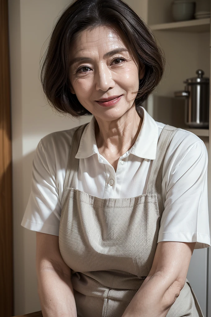 (masterpiece:1.4),(63-year-old woman:1.5),(facial wrinkles 1.2), (mid-length hair : 1), A kind smile,maternal, Mature Woman, (white apron : 1.3), (short sleeve collared uniform : 1.2), acnes, skin blemishes, fleckles,(plump arms : 1.3), kitchen