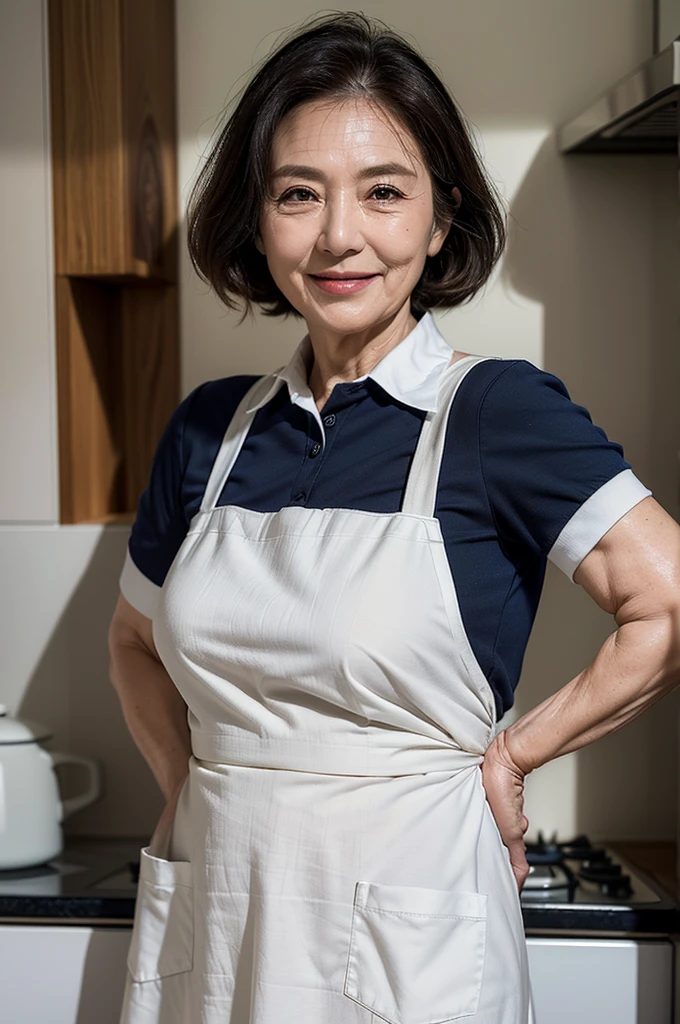 (masterpiece:1.4),(63-year-old woman:1.5),(facial wrinkles 1.2), (mid-length hair : 1), A kind smile,maternal, Mature Woman, (white apron : 1.3), (short sleeve collared uniform : 1.2), acnes, skin blemishes, fleckles,(plump arms : 1.3), kitchen