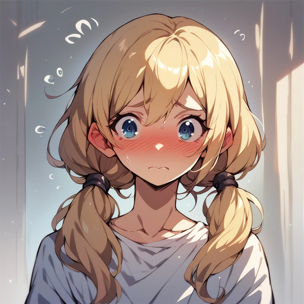 nsfw,blonde low twintails,Embarrassed expression,Front view