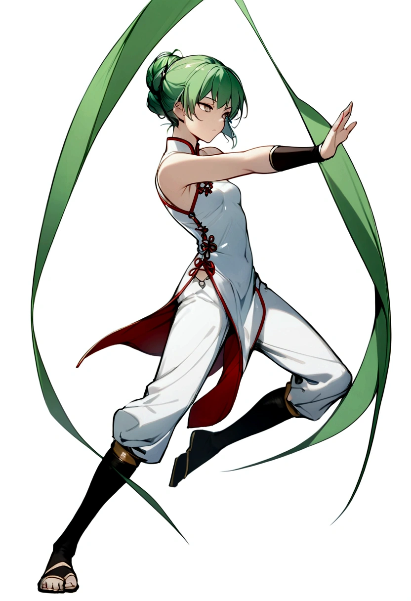 Green Hair、Her hair is short、small breast、upright stance、full body、Fighter、male、Uniform、Chinese Knight、Chinese style、White background、No exposure、China dress、pants、band、front、White clothes、Kung Fu、slender