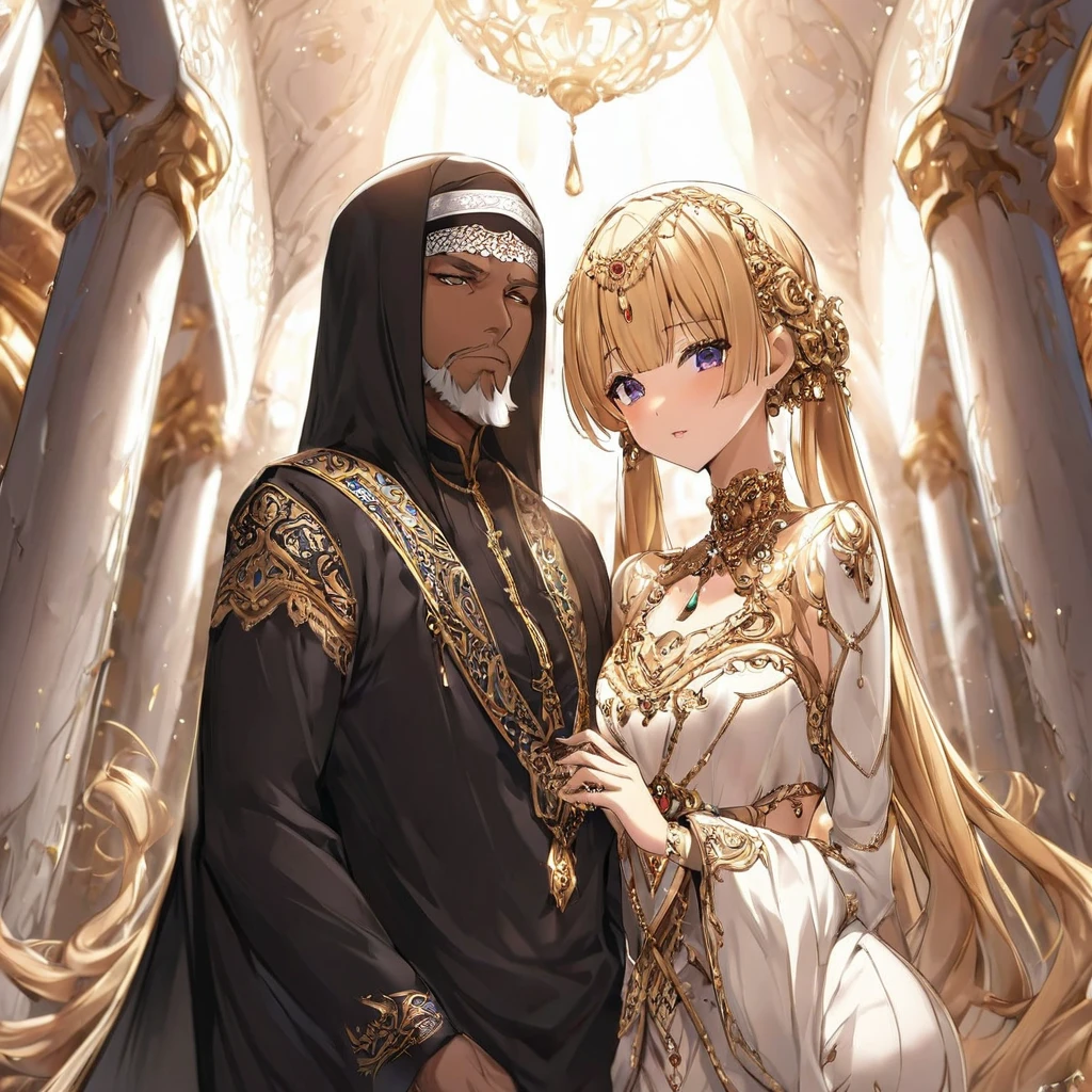 ((Highest quality)), ((masterpiece)), (detailed), (Perfect Face)、The woman is wearing a black hijab and abaya properly.、The woman is Tsukino Usagi, a devout Muslim., Arab with bright brown skin, In an Islamic prayer hall、She wears a gorgeous black abaya with gold embroidery.。, A gorgeous black hijab and niqab tightly covers her head, Gorgeous hair ornament, Gorgeous jewellery and engagement rings. The woman and the man are in a luxurious palace, And the woman、Wearing Arab national dress、In an Islamic prayer hall with a dignified bearded middle-aged Arab Muslim man。.、The woman is the elegant Tsukino Usagi, Her long blonde hair was tied in twin tails, Black abaya and、She is wearing a gorgeous, skin-tight black hijab and niqab.. She is a devout Muslim Arab with vibrant brown skin.。.、(The woman was named Tsukino Usagi.、He is a dark-skinned Arab and a devout Muslim.。.)