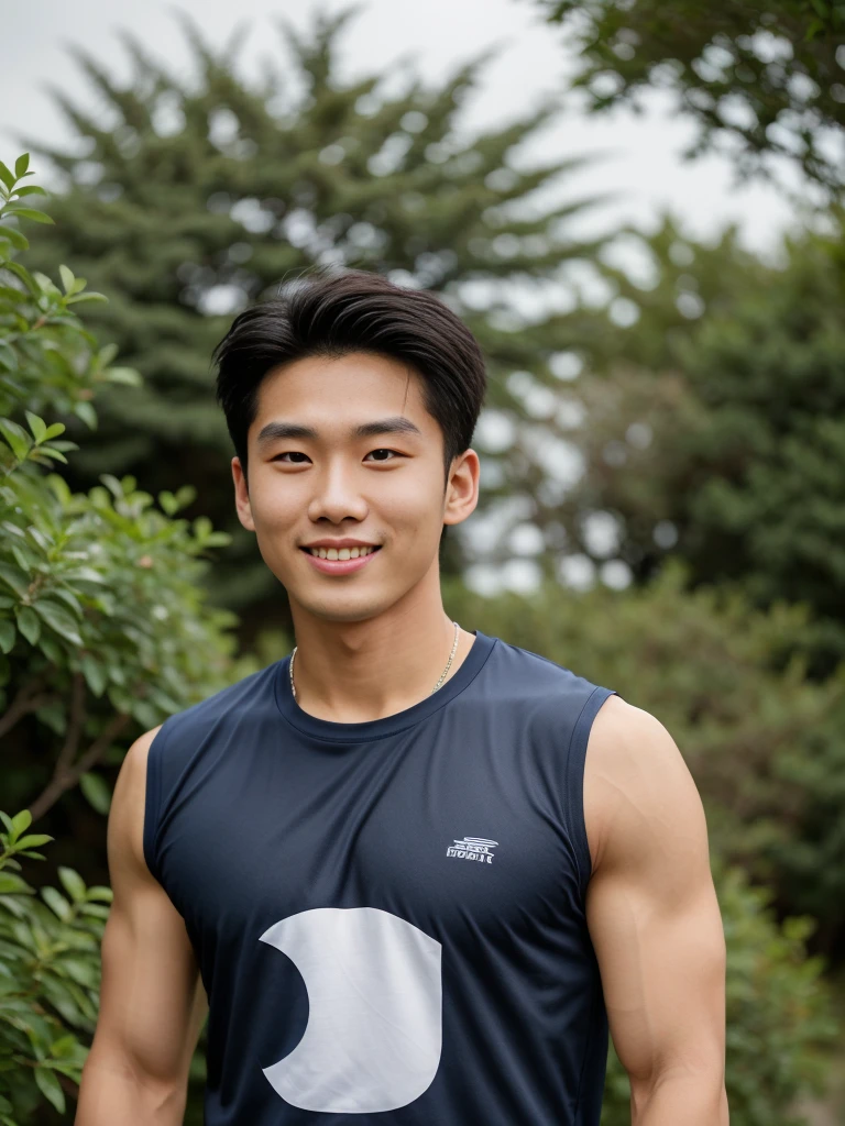 独奏: 1.5, (As a matter of fact, Masterpiece, 8k HD, good light quality, sportswear, fit the face, complicated details), A handsome, muscular young Korean man. , 20 years old, be happy, smile brightly, detailed face, delicate eyes, มองดูsky, Wear a navy tight T-shirt.:1.6, period, black eyes, Black hair color, ผมsmooth, smooth, outdoor sports, Along the garden, Sunny,sky,Surreal,Awesome details,Highest quality,real,Open your mouth to talk. , Close your eyes., Seaside, beach, sunlight, running towards the camera