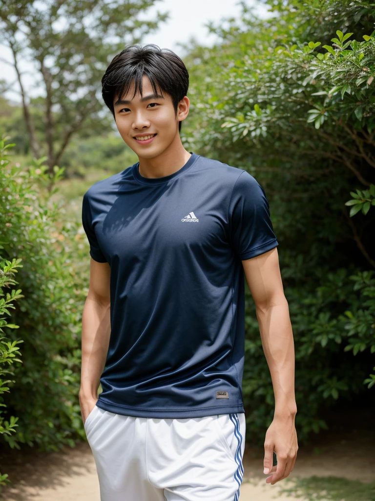 独奏: 1.5, (As a matter of fact, Masterpiece, 8k HD, good light quality, sportswear, fit the face, complicated details), A handsome, muscular young Korean man. , 20 years old, be happy, smile brightly, detailed face, delicate eyes, มองดูsky, Wear a navy tight T-shirt.:1.6, period, black eyes, Black hair color, ผมsmooth, smooth, outdoor sports, Along the garden, Sunny,sky，Surreal，Awesome details，Highest quality，real，Open your mouth to talk. , Close your eyes., Seaside, beach, sunlight, running towards the camera