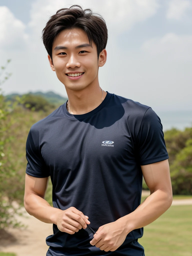 独奏: 1.5, (As a matter of fact, Masterpiece, 8k HD, good light quality, sportswear, fit the face, complicated details), A handsome, muscular young Korean man. , 20 years old, be happy, smile brightly, detailed face, delicate eyes, มองดูsky, Wear a navy tight T-shirt.:1.6, period, black eyes, Black hair color, ผมsmooth, smooth, outdoor sports, Along the garden, Sunny,sky,Surreal,Awesome details,Highest quality,real,Open your mouth to talk. , Close your eyes., Seaside, beach, sunlight, running towards the camera
